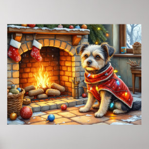 Affenpinscher zittend bij open haard Kerstverlicht Poster