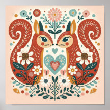 Affiche illustration folk art motif « écureuils »