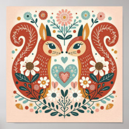 Affiche illustration folk art motif « écureuils » poster