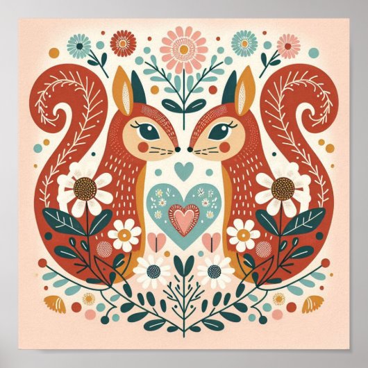 Affiche illustration folk art motif « écureuils » poster (Voorkant)