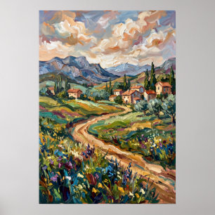 Affiche met wilde bloemen landschap dorp in de ber poster