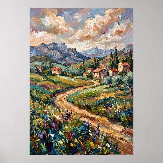 Affiche met wilde bloemen landschap dorp in de ber poster (Voorkant)
