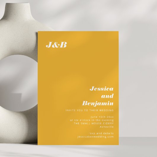 Afgebold Monogram Modern Goudsbloem Gele Trouwkaar Kaart