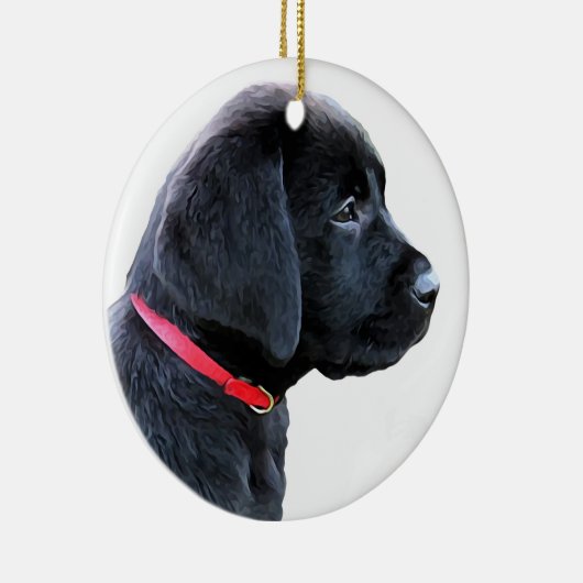 Afgedrukt in rood - zwart lab keramisch ornament (Rechts)