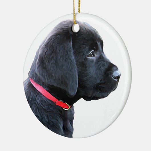 Afgedrukt in rood - zwart lab keramisch ornament (Links)