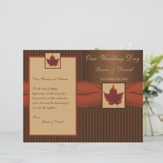 AFGEDRUKT RIBBON Autumn Leaf, Stripe Wedding Progr (Staand voorkant)