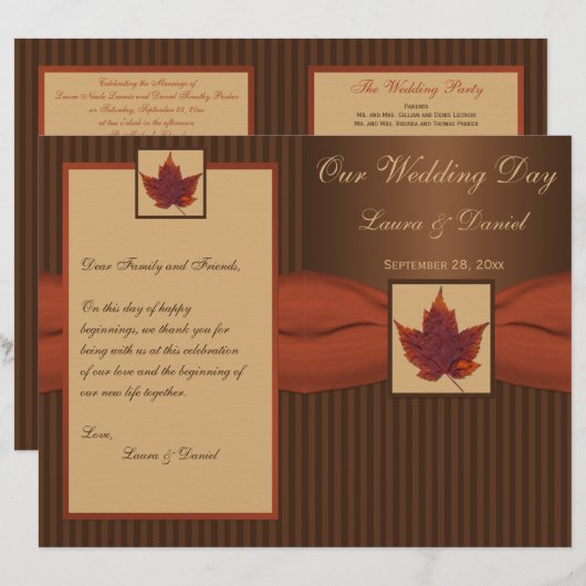 AFGEDRUKT RIBBON Autumn Leaf, Stripe Wedding Progr (Voorkant / Achterkant)