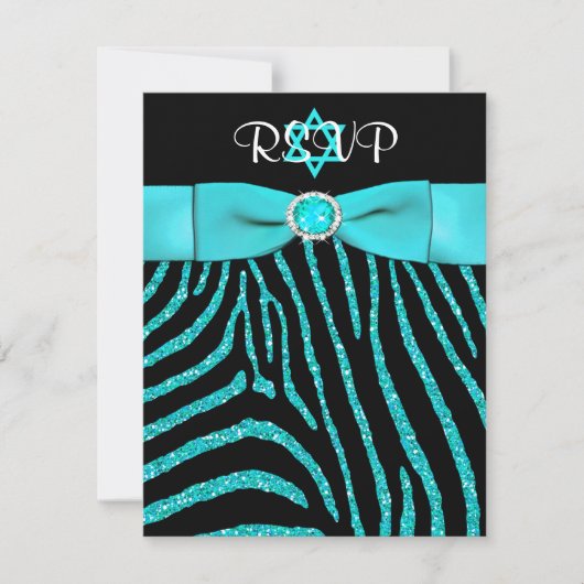 AFGEDRUKT RIBBON-Zebra, blauwe FAUX Glitter RSVP-k RSVP Kaartje (Voorkant)