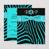 AFGEDRUKT RIBBON-Zebra, blauwe FAUX Glitter RSVP-k RSVP Kaartje (Voorkant / Achterkant)