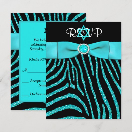 AFGEDRUKT RIBBON-Zebra, blauwe FAUX Glitter RSVP-k RSVP Kaartje (Voorkant / Achterkant)