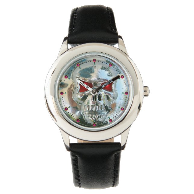 AFGEDRUKTE CHROOM SKULL Red Ruby Pareltjes Horloge (Voorkant)