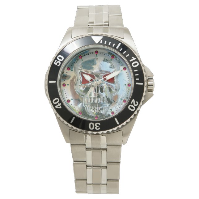 AFGEDRUKTE CHROOM SKULL Red Ruby Pareltjes Horloge (Voorkant)