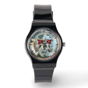 AFGEDRUKTE CHROOM SKULL Red Ruby Pareltjes Horloge