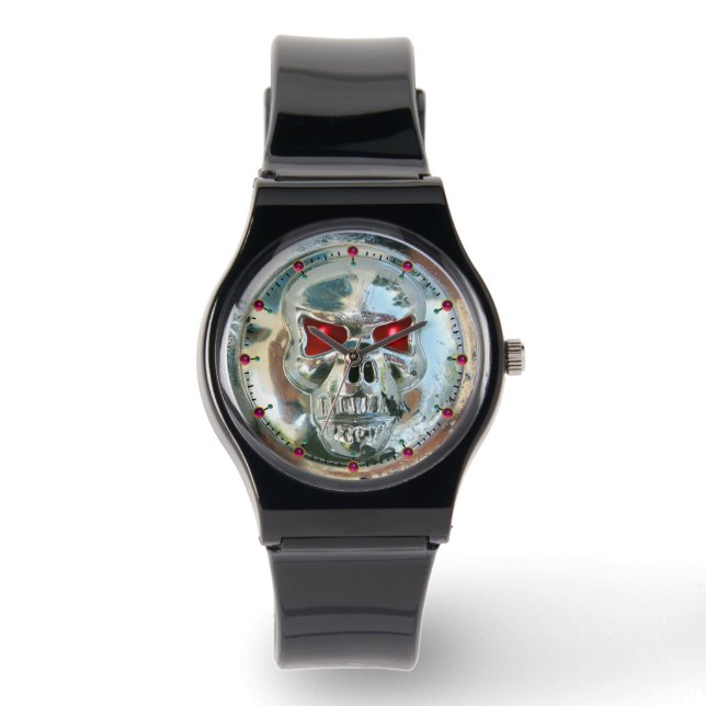 AFGEDRUKTE CHROOM SKULL Red Ruby Pareltjes Horloge (Voorkant)