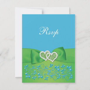 AFGEDRUKTE RIBBON Blue Green Floral Hearts Reply K RSVP Kaartje
