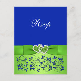 AFGEDRUKTE RIBBON Blue Green Floral Hearts Reply K RSVP Kaartje