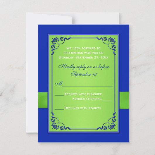 AFGEDRUKTE RIBBON Blue Green Floral Hearts Reply K RSVP Kaartje (Achterkant)