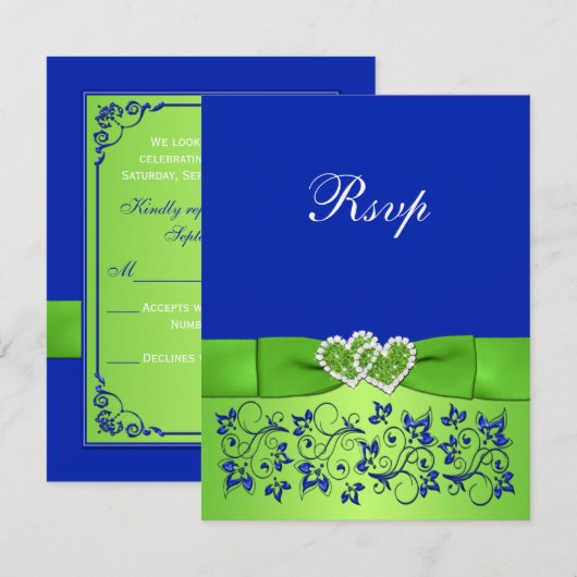 AFGEDRUKTE RIBBON Blue Green Floral Hearts Reply K RSVP Kaartje (Voorkant / Achterkant)