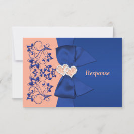 AFGEDRUKTE RIBBON Blue Peach Floral Wedding RSVP K Kaart