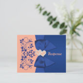 AFGEDRUKTE RIBBON Blue Peach Floral Wedding RSVP K Kaart (Staand voorkant)