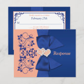 AFGEDRUKTE RIBBON Blue Peach Floral Wedding RSVP K Kaart (Voorkant / Achterkant)