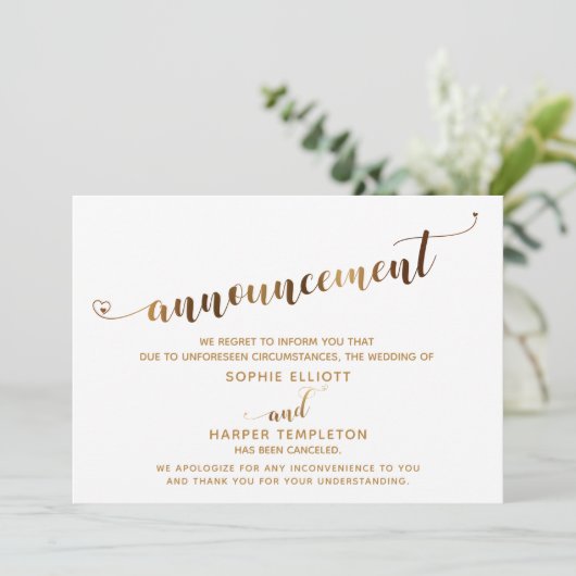 Afgelaste Trouw Hart Goud Script Aankondiging (Staand voorkant)