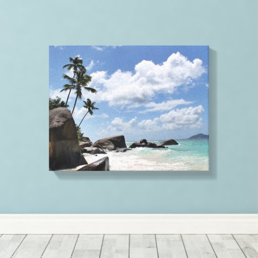 Afgelegen strand op de Seychellen Canvas Afdruk (Insitu (Houten vloer))