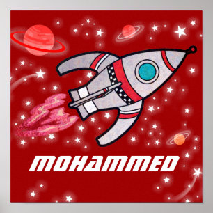 Afgelopen poster met de naam rode raketruimtejonge