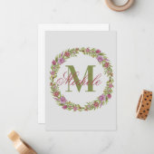 Afgepersonaliseerde Floral Wreatname Afdrukmonogra Notitiekaartje (Voorkant / Achterkant in situ)
