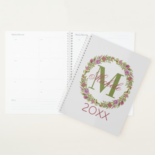 Afgepersonaliseerde Floral Wreatname Afdrukmonogra Planner (Display)