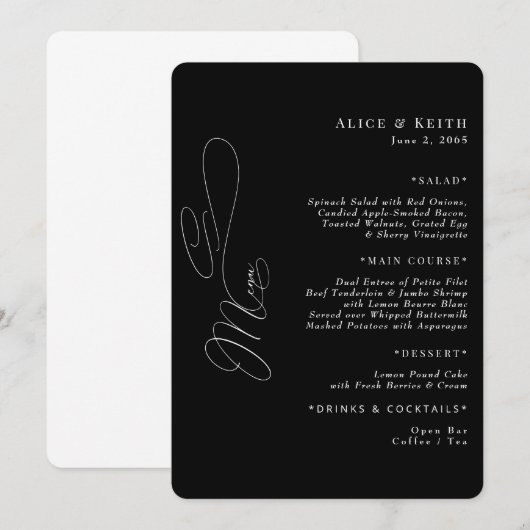Afgerond zwart Elegant Bruiloft Menu Kaart (Voorkant / Achterkant)