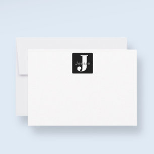 Afgeronde Box Naam & Monogram Zwart Wit & Grijs Bedankkaart