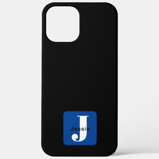 Afgeronde vaknaam & monogram | Zwart Wit & Blauw Case-Mate iPhone Case (Achterkant)