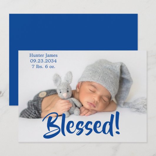 Afgeruste foto Blauw script Aangepaste geboorte Aankondiging (Voorkant / Achterkant)