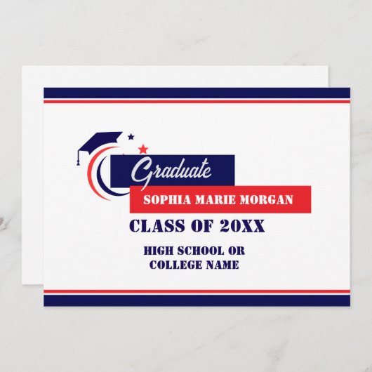 Afgestudeerd Blauw Rood Wit Afstudeerbericht Kaart (Voorkant / Achterkant)
