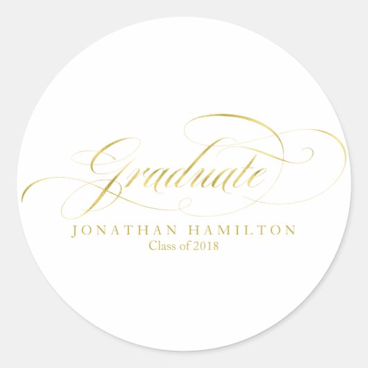Afgestudeerd Folie Goud Elegante Script Afstuderen Ronde Sticker (Voorkant)