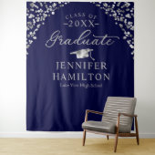 Afgestudeerd modern blauw zilver afstudeerbackdrop wandkleed (In situ)