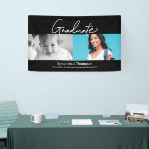 Afgestudeerd toen en nu babyfoto en afstudeerfoto  spandoek