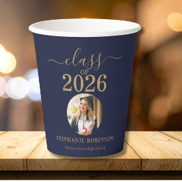 Afgestudeerde foto klas van 2026 Blauw Goud Feest Papieren Bekers