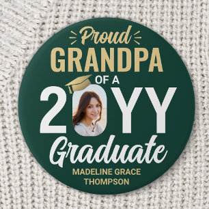 Afgestudeerde Foto Trotse Opa Modern Groen en Goud Ronde Button 7,6 Cm