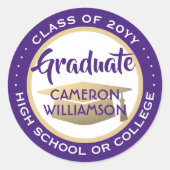 Afgestudeerde klas jaar paars goud en wit modern ronde sticker (Voorkant)