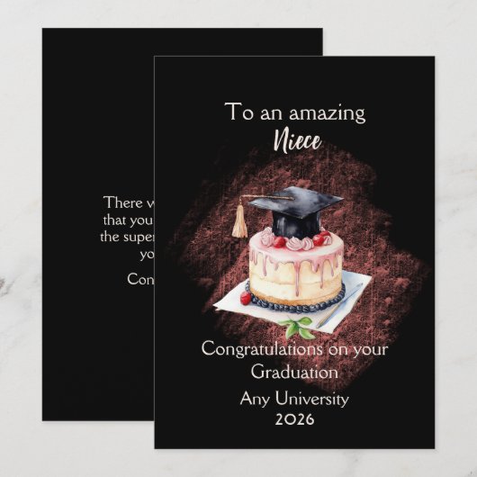 Afgestudeerde nicht: hoed en cake: gefeliciteerd (Voorkant / Achterkant)