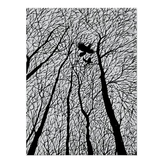 Afgetekende raven in de winterbomen perfect poster (Voorkant)
