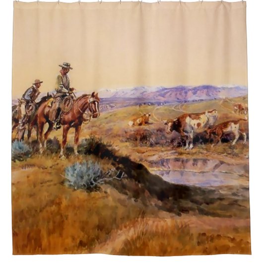 “Afgetuigd” Westerse Kunst door Charles M Russell Douchegordijn (Voorkant)