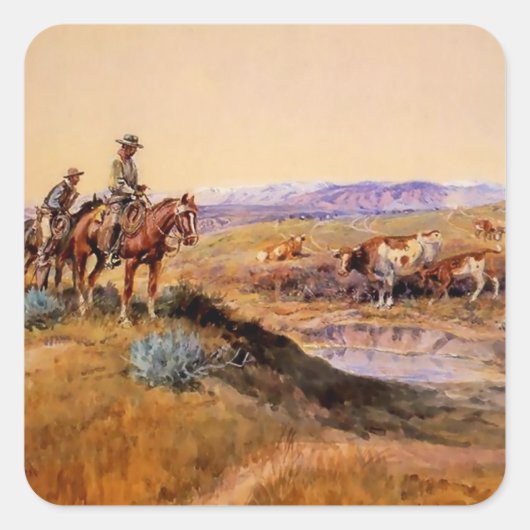 “Afgetuigd” Westerse kunst van Charles M Russell Vierkante Sticker (Voorkant)