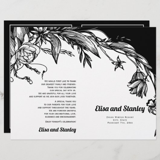 Afgevouwen programma voor zwarte en witte bloemen (Voorkant / Achterkant)