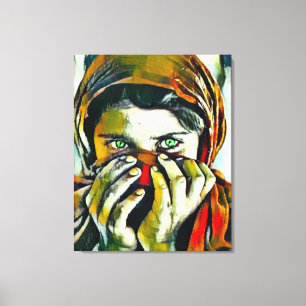 Afghaans meisje met groen ojaolieportret canvas afdruk