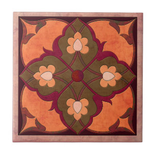 Afghaans patroon in koraal, magenta en olijfgroen tegeltje