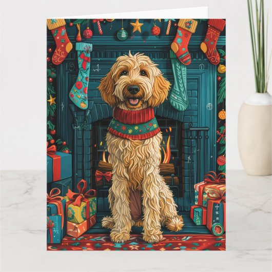 Afghaanse hond met kerstcadeaus open haard kaart (Voorkant)