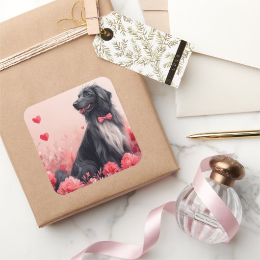 Afghaanse hond met Rozen - Valentijnsdag Vierkante Sticker (Geschenken)